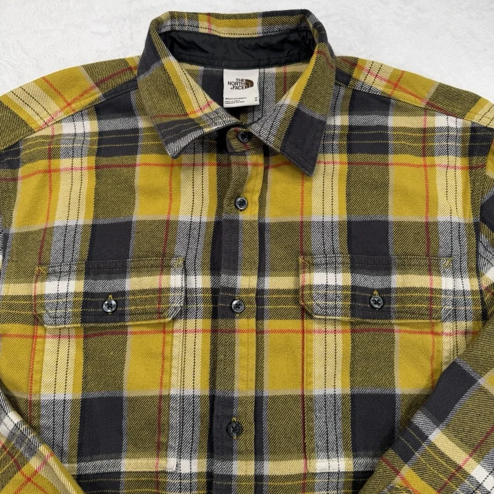 The North Face Flannel Shirt Mens Medium Yellow Black Plaid Twill Button Front